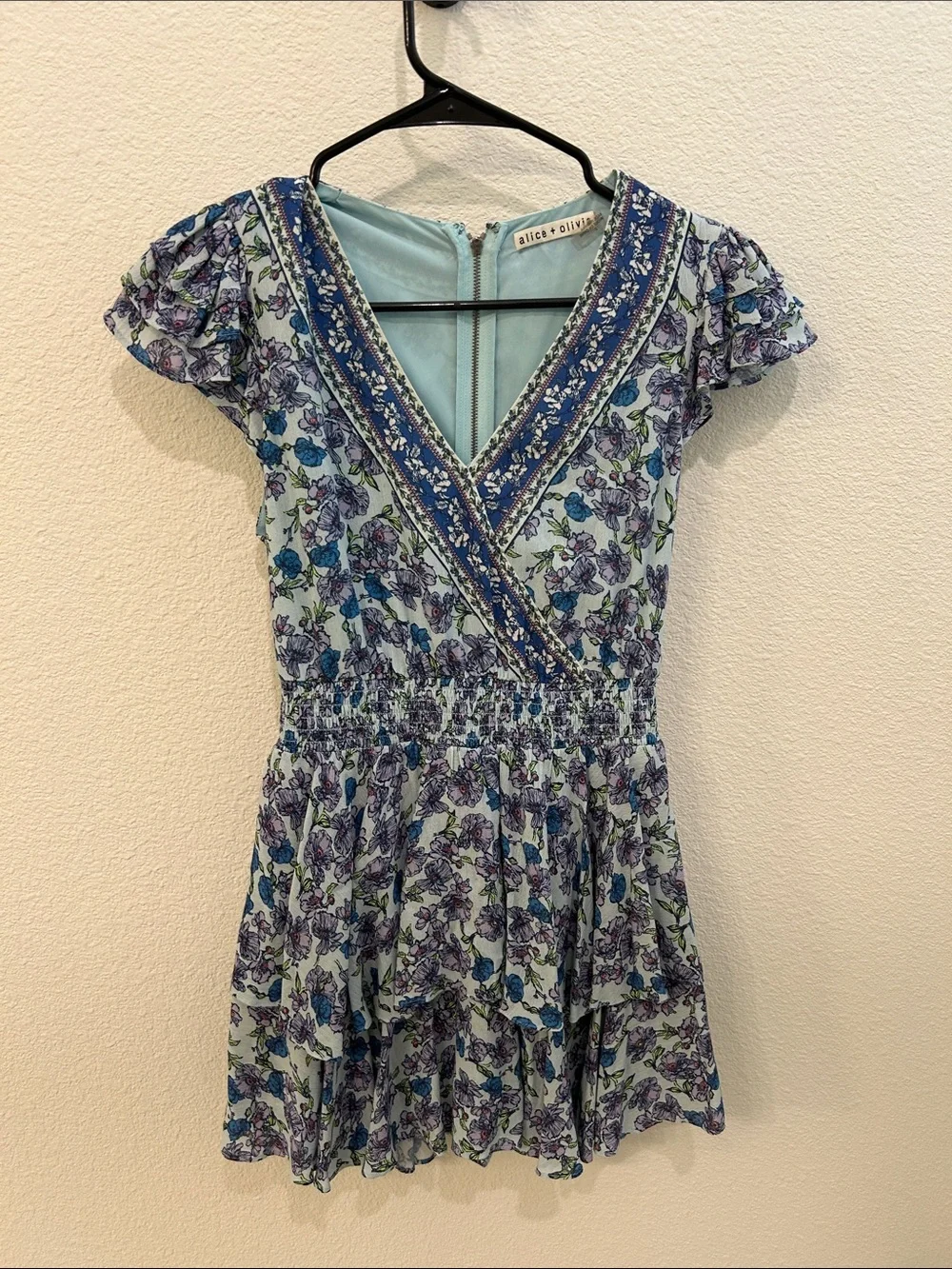 Alice + Olivia Blue and Purple Floral V-Neck Mini Dress with shorts inside - Picture 1 of 5